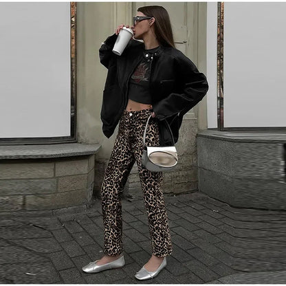 High-Waisted Leopard Print Denim Jeans for Women Retro Slim Straight Leg Trousers Vintage Y2k Hip Hop Streetwear Lady Fashion