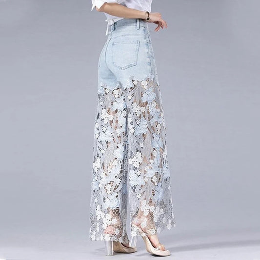 Fashion Jeans for Women Solid Loose Spliced Hollow Out High Waist Patchwork Applique Wide Leg Pants Female Clothing