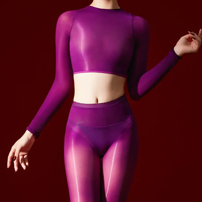 Women's 5D Ultrathin Crop Tops Elastic Shaping Oil Shiny Sheer See Through T-shirts Woman Clothing Summer Shirts Yoga Tops