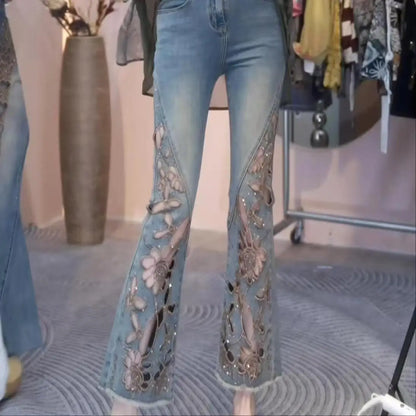 2025 Summer New Fashion Hollow Embroidered Jeans For Women Heavy Industry High Waist Slim Ankle-Length Pants Ladies Denim Pants