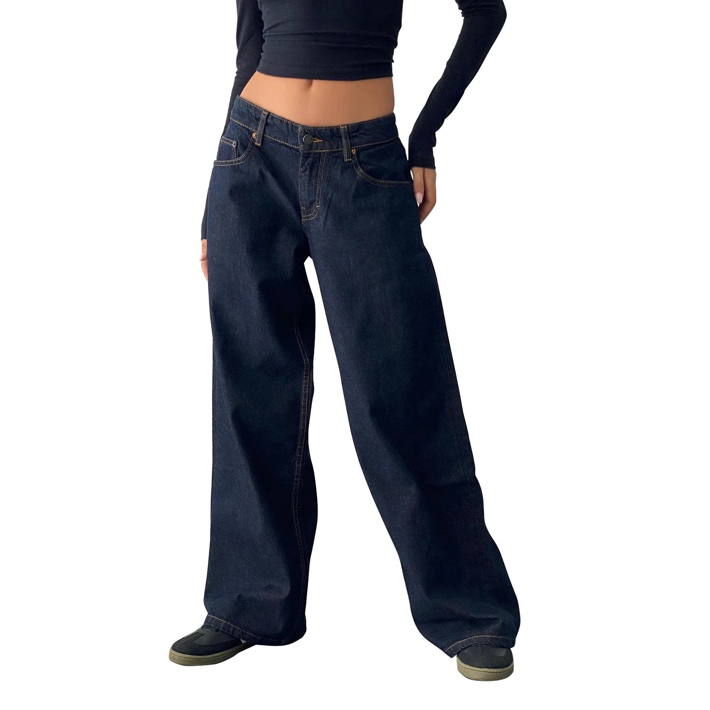 Women's versatile jeans, aesthetic solid color low rise zipper button trousers with pockets for everyday street wear