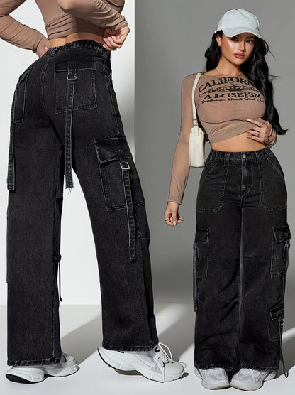 Women's workwear jeans with flap pockets, elastic waist, multiple pockets, multi-functional wide-leg mid-rise workwear jeans