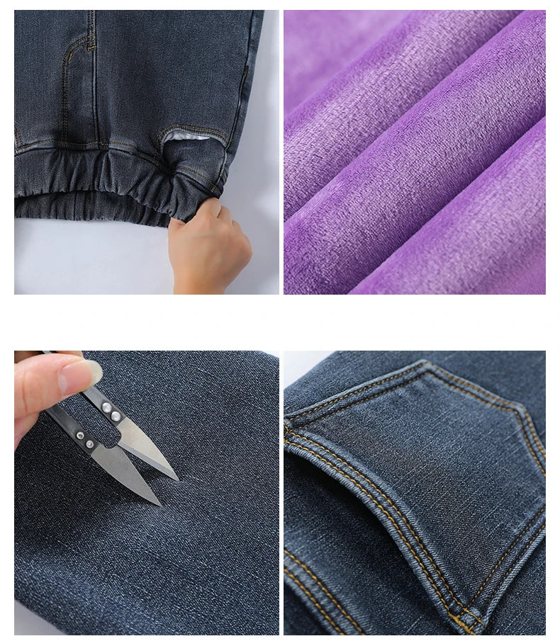 Women's Winter Jeans Fleece Warm Slim Pencil Trousers Elastic Waist Thicken Velvet Comfortable Mom Denim Pants Female