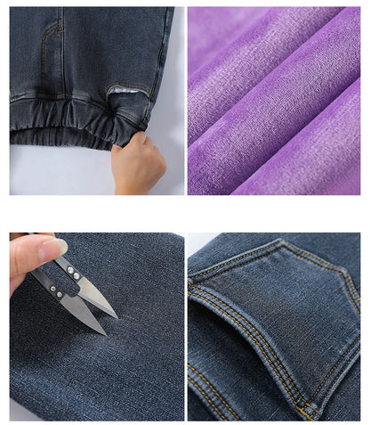 Women's Winter Jeans Fleece Warm Slim Pencil Trousers Elastic Waist Thicken Velvet Comfortable Mom Denim Pants Female