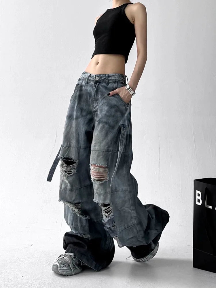 Women Tie Dye Ripped Jeans Woman Abandoned Soil Style Wide Leg Pants Summer Loose Workwear Denim Retro Vintage Trousers