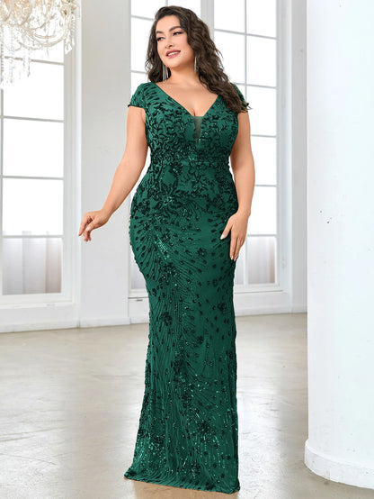 Plus Size Elegant Blue Evening Dress For Women 2024 Luxury Long Mermaid Formal Sequins V-neck Prom Wedding Party Gown