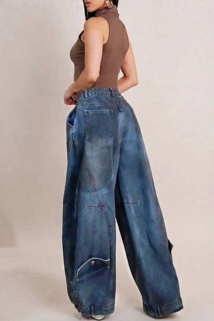 Women Loose Denim Jeans Pants Asymmetric Button Pocket Washed Casual Harajuku High Street Grunge Denim Trouders Jeans for Women