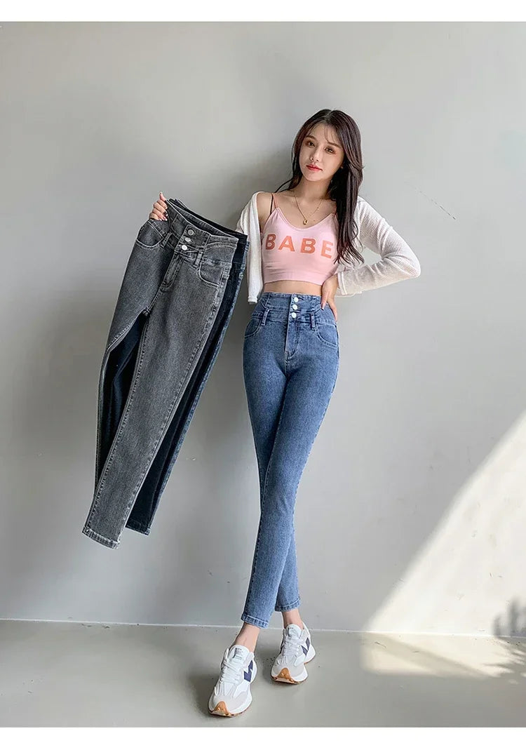 New Women's High Waist Stretch Jeans Blue Black Gray Fashionable and Versatile Multi-button Popular Slim Denim Long Pants Female