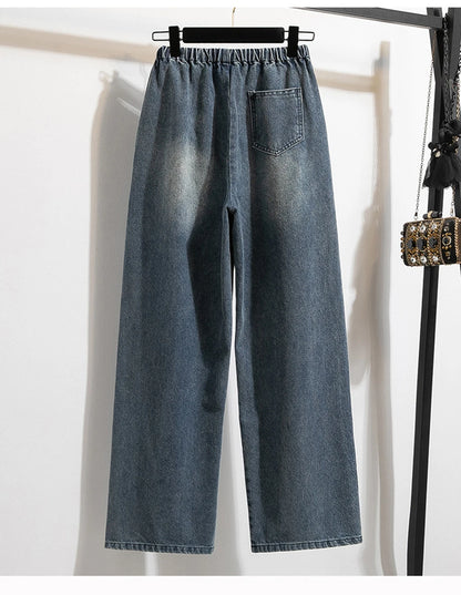 Oversized Jeans Women's 2025 New Spring Autumn Elastic Waist Lace-up Loose Gradient Wide Leg Long Female Denim Pants