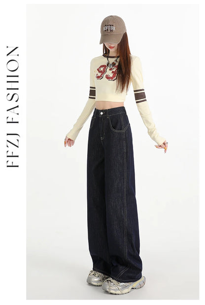 Woman Jeans High Waist Wide Leg Cotton Denim Clothing Design Sense Straight Pant Fashion Comfort White Retro Blue Casual Trouser