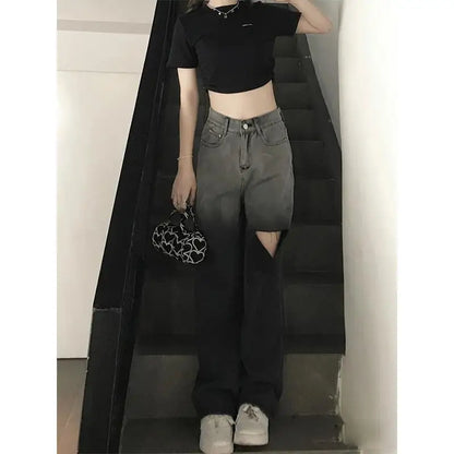 Ripped Jeans for Women Summer Design Niche High Waist Straight Pants Small Wide-leg Pants Retro Floor Trousers Trousers