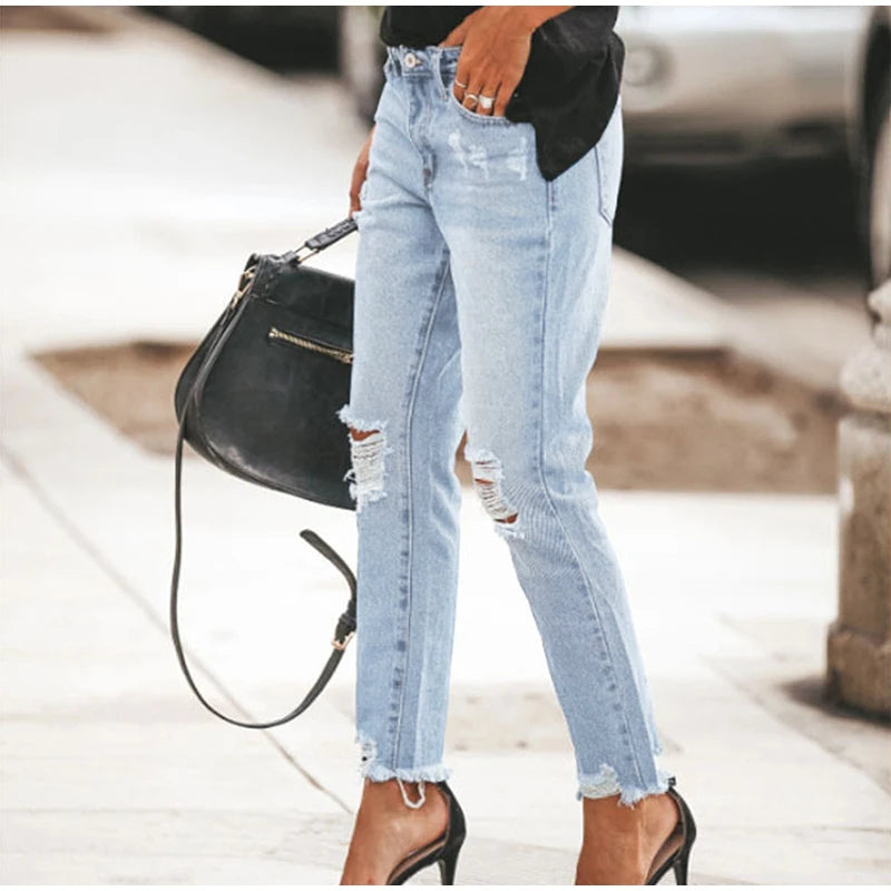 Casual Straight Jeans Women High Waisted Washed Skinny Ripped Slim Denim Pants 2025 Autumn Fashion Trend Commute Lady Trousers