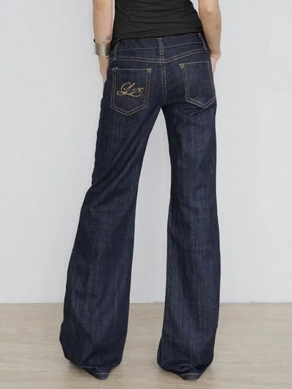 Women's Slim Fit Flared Jeans Y2K Vintage Low Rise Stretch Denim Pants with Embroidery Distressed Style for Everyday Outfits