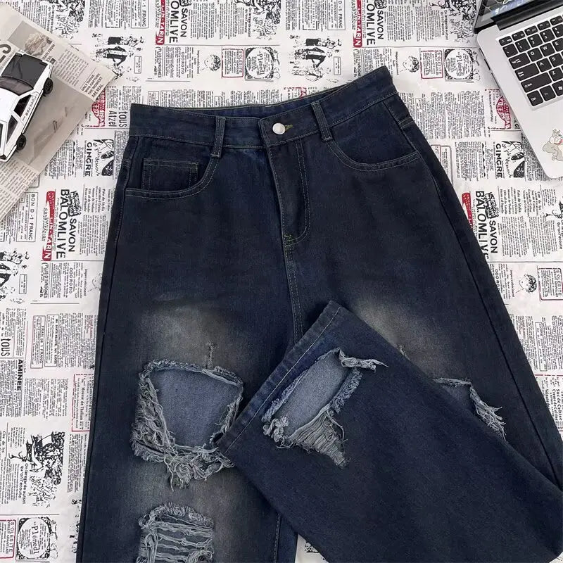High Street Trendy Ripped Wide Leg Jeans for Women in Spring and Summer New High Waist Loose Fashion Floor Pants y2k Jeans Woman