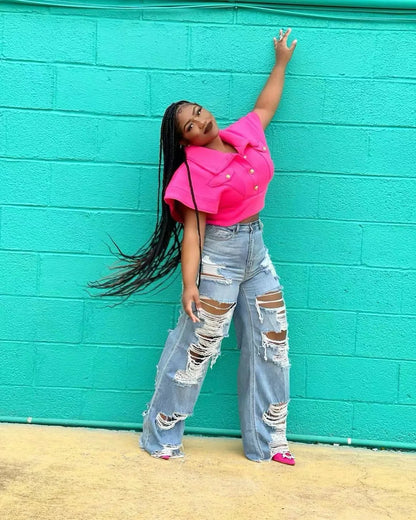 New Fashion Women's Jeans Loose Ripped Mid-Waist Comfortable Temperament Commuter Summer Ladies Solid Color Denim Pants