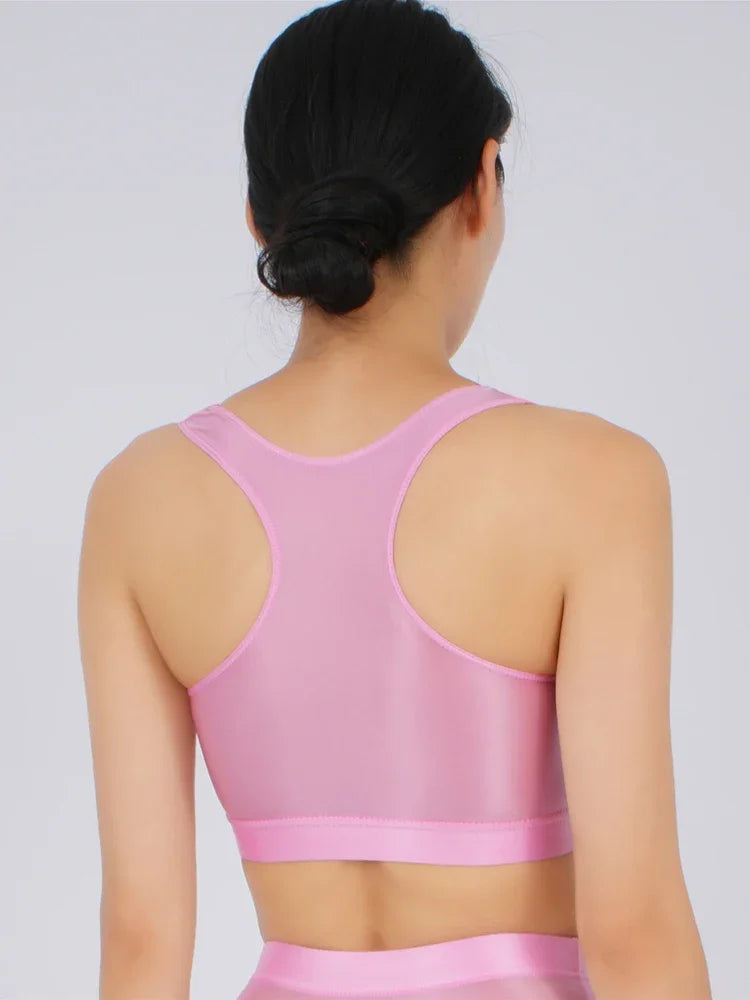 Women's Yoga Fitness Tops Sexy Candy Color UltraShort Crop Fashion Vest V Neck Oil Glossy Silky Smooth Elastic Tight Tanks Tees