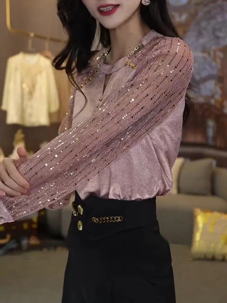 Women's High End Fashion Design with Unique and Shiny Pink Slimming and Versatile Light and Mature Top for Autumn Casual Tops