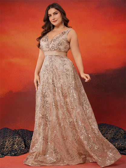 Plus Size Luxury Deep V-Neck Sequins Blue Evening Dress Women Elegant V-back Wedding Party Long Prom Cocktail Dresses