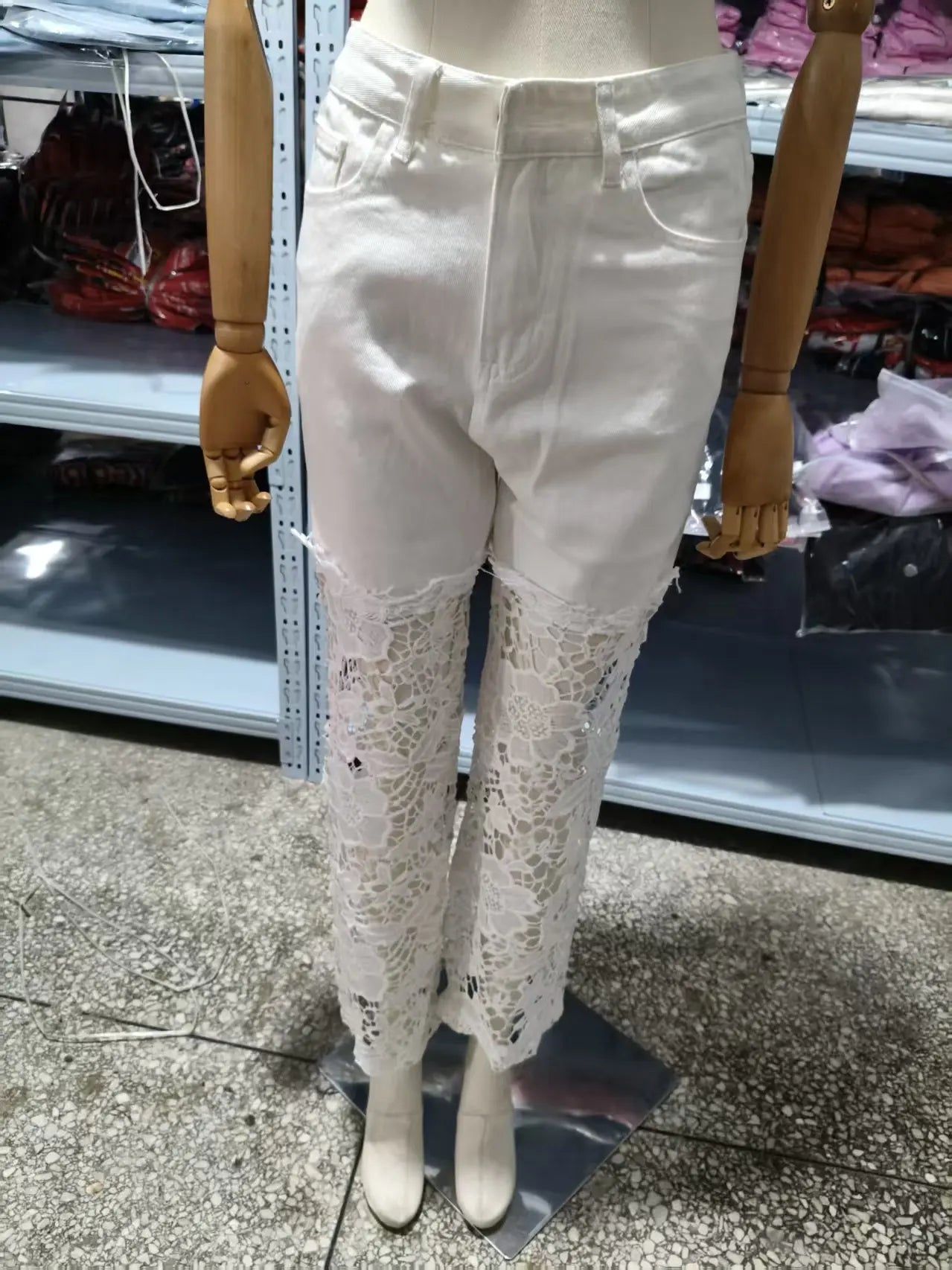 Fashion Elegant Jeans for Women High Waist Lace Patchwork Pantalones Hollow Out Oversized Spring Casual Loose All Match Pants