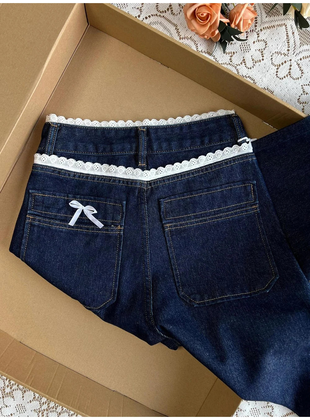 Retro Dark Blue Denim Pants for Women Spring Autumn Sweet Lace Bow Jeans Female American Style Straight Loose Wide Leg Pants