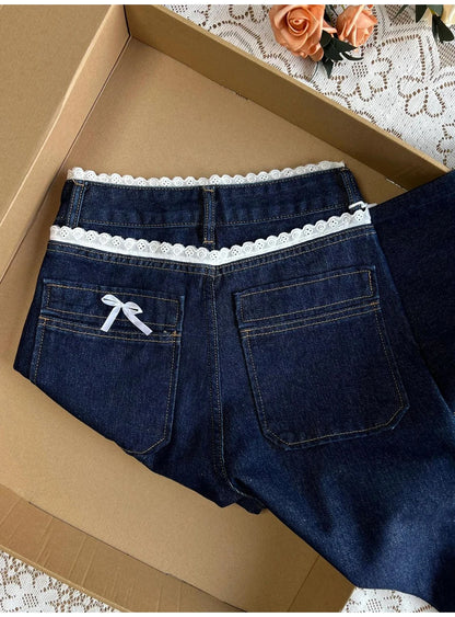 Retro Dark Blue Denim Pants for Women Spring Autumn Sweet Lace Bow Jeans Female American Style Straight Loose Wide Leg Pants