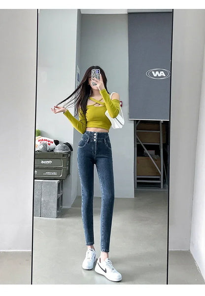 New Women's High Waist Stretch Jeans Blue Black Gray Fashionable and Versatile Multi-button Popular Slim Denim Long Pants Female