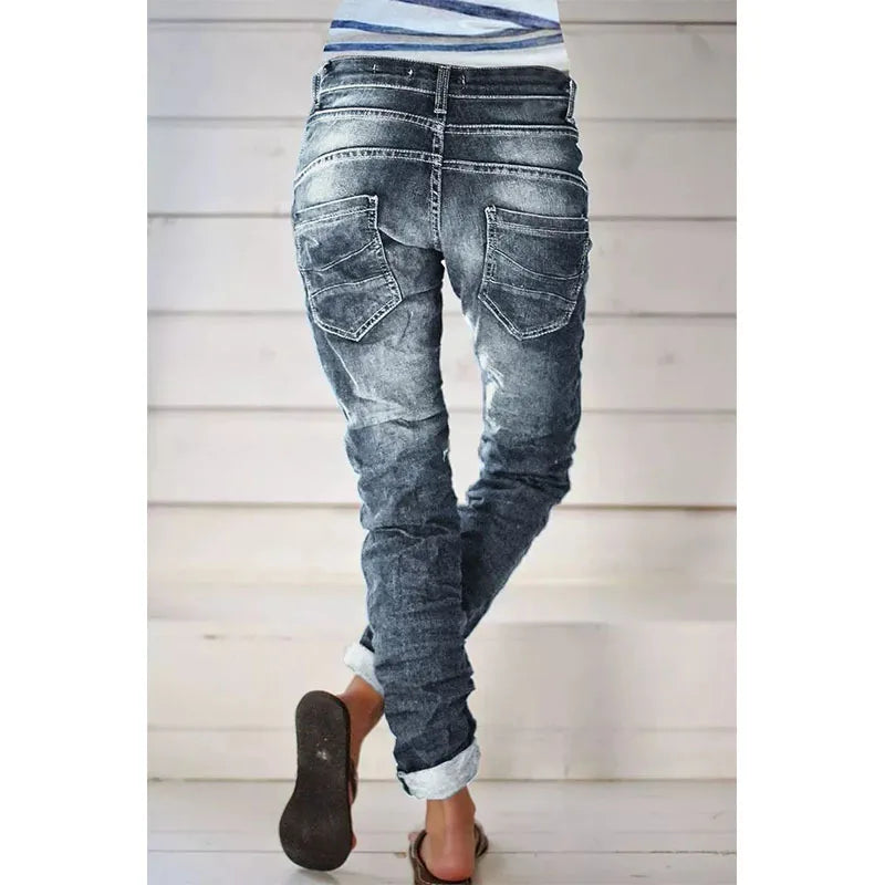 Jeans for Women Drawstring Elastic-waisted Jeans Casual Button Baggy Jeans Women Trousers Straight Women Wide-leg Pants Slouchy