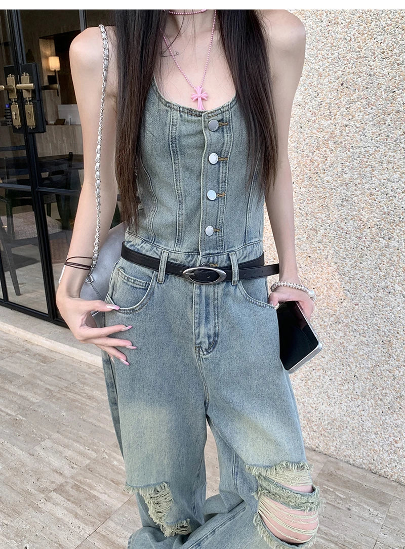 Women's Casual Denim Overalls Vintage Button Down Sexy Backless Holes Hollow Out Ripped Denim Full Pants Female 2024 New Jeans
