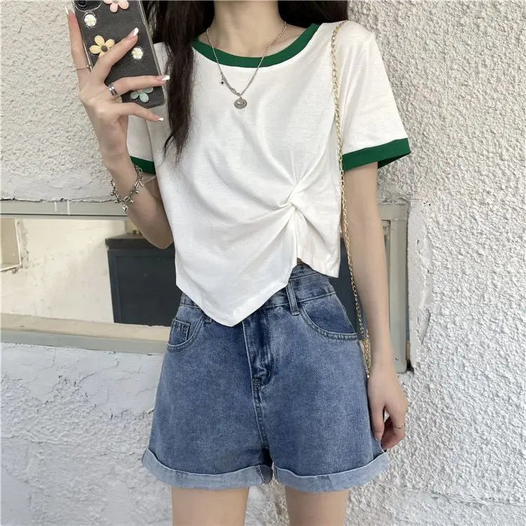 Women's Tops Trendy French Niche Girls T-shirts Chic Irregular Splicing Contrasting Colors Korean Style Modification Ins Style