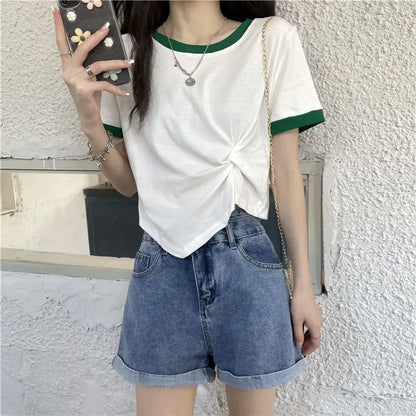 Women's Tops Trendy French Niche Girls T-shirts Chic Irregular Splicing Contrasting Colors Korean Style Modification Ins Style