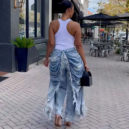 WTHT New Trendy Women Wrinkled Burr Edge Design Straight Jeans 2025 Winter Fashion High Waist Casual Denim Pants Female 1LS2770