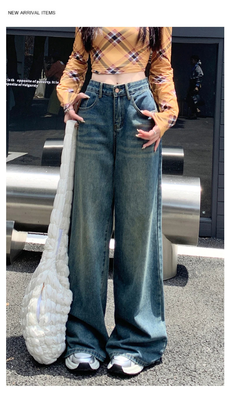 Women's Jeans Denim Pants 2025 Euramerican High Waist Girl Style Jean Trousers Colorful Straight Leg Wide Leg Pants