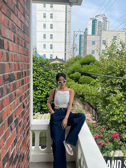 Korean Ins Retro Versatile High Waist Women's Straight Leg Jeans Summer New Fashion Loose Drawstring Design Women Wide Leg Jeans