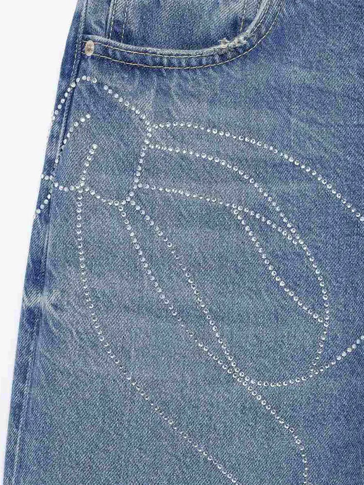 2025 Women Diamonds Denim Jeans Solid Loose Straight Long Pants Woman Casual High Waisted Pockets Streetwear Baggy Trousers