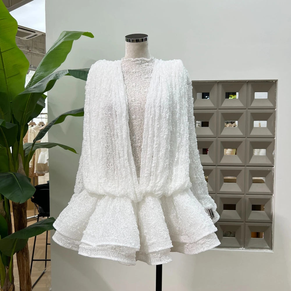 Chic Sheer Three Pieces Mini Dresses For Women Sexy O Neck Long Sleeve Tops Shorts Celebrity See Through Birthday Luxury Outfit