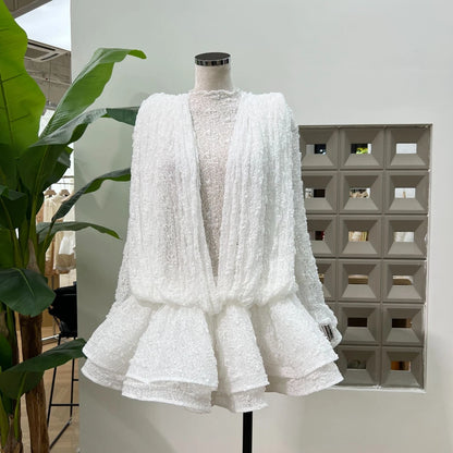 Chic Sheer Three Pieces Mini Dresses For Women Sexy O Neck Long Sleeve Tops Shorts Celebrity See Through Birthday Luxury Outfit