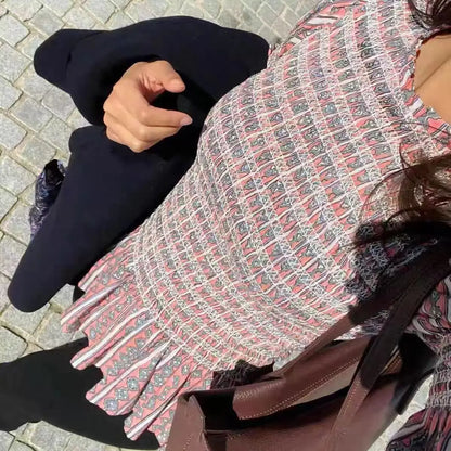 Women's Tops Vintage Plaids Elastic Pleated T Shirt Casual O Neck Long Sleeves Ruffles Hem Top Spring Chic Lady High Street Wear