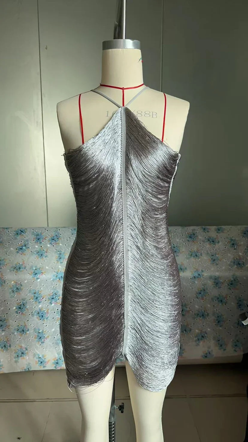 Fringe V-neck Mini Dress Halterneck Vestidos Women Elegant Cut Out Short Dress Fashion Patchwork Asymmetric Tassel Decor Dresses