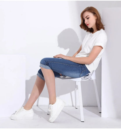 Summer Woman's Jeans Cropped Jeans Ladies Cropped Trousers Skinny Knee Length Jeans Women Elastic High Waist Mom Jeans Oversize