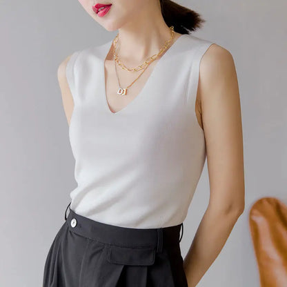 Summer Women Knitted Tank Tops Women Thin Tops Basic Casual Tank Tops V-neck Tees Sleeveless Tops For Women