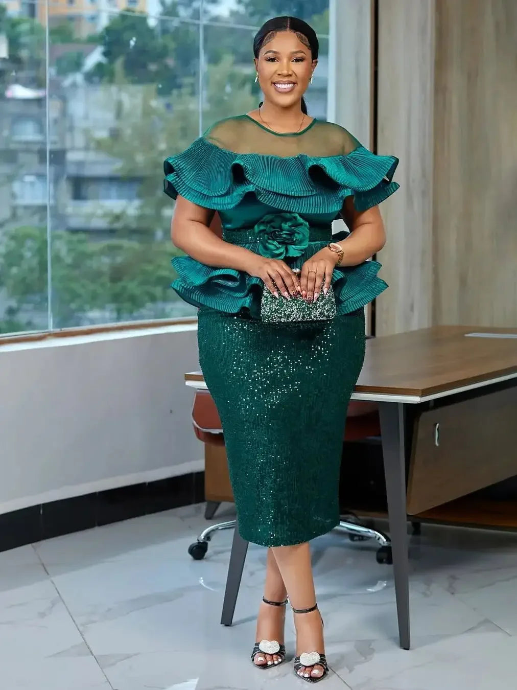 2026 New Plus Size European African Evening Dress Turkish Sequin Ruffle Long Dress Women Elegant Wedding Party Gown