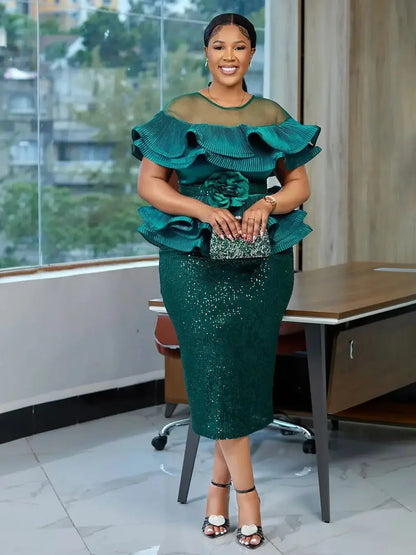 2026 New Plus Size European African Evening Dress Turkish Sequin Ruffle Long Dress Women Elegant Wedding Party Gown
