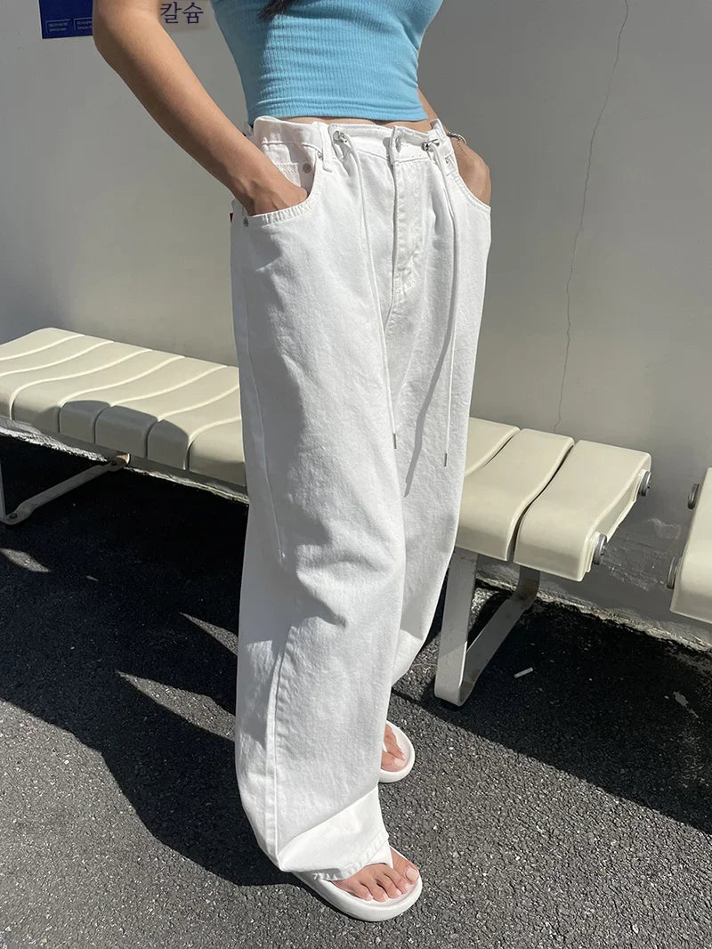 Korean Ins Retro Versatile High Waist Women's Straight Leg Jeans Summer New Fashion Loose Drawstring Design Women Wide Leg Jeans