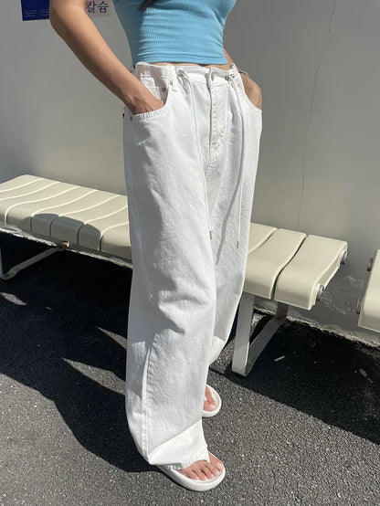 Korean Ins Retro Versatile High Waist Women's Straight Leg Jeans Summer New Fashion Loose Drawstring Design Women Wide Leg Jeans