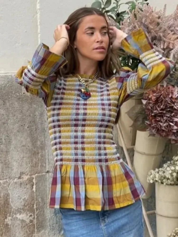Women's Tops Vintage Plaids Elastic Pleated T Shirt Casual O Neck Long Sleeves Ruffles Hem Top Spring Chic Lady High Street Wear