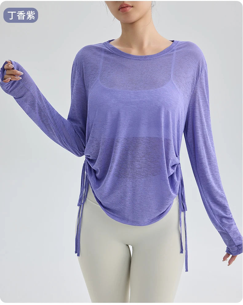 Thin Sunscreen Clothes Yoga Loose Top Drawstring Long Sleeve T-shirt Women's Gym Outdoor Exercise Clothing