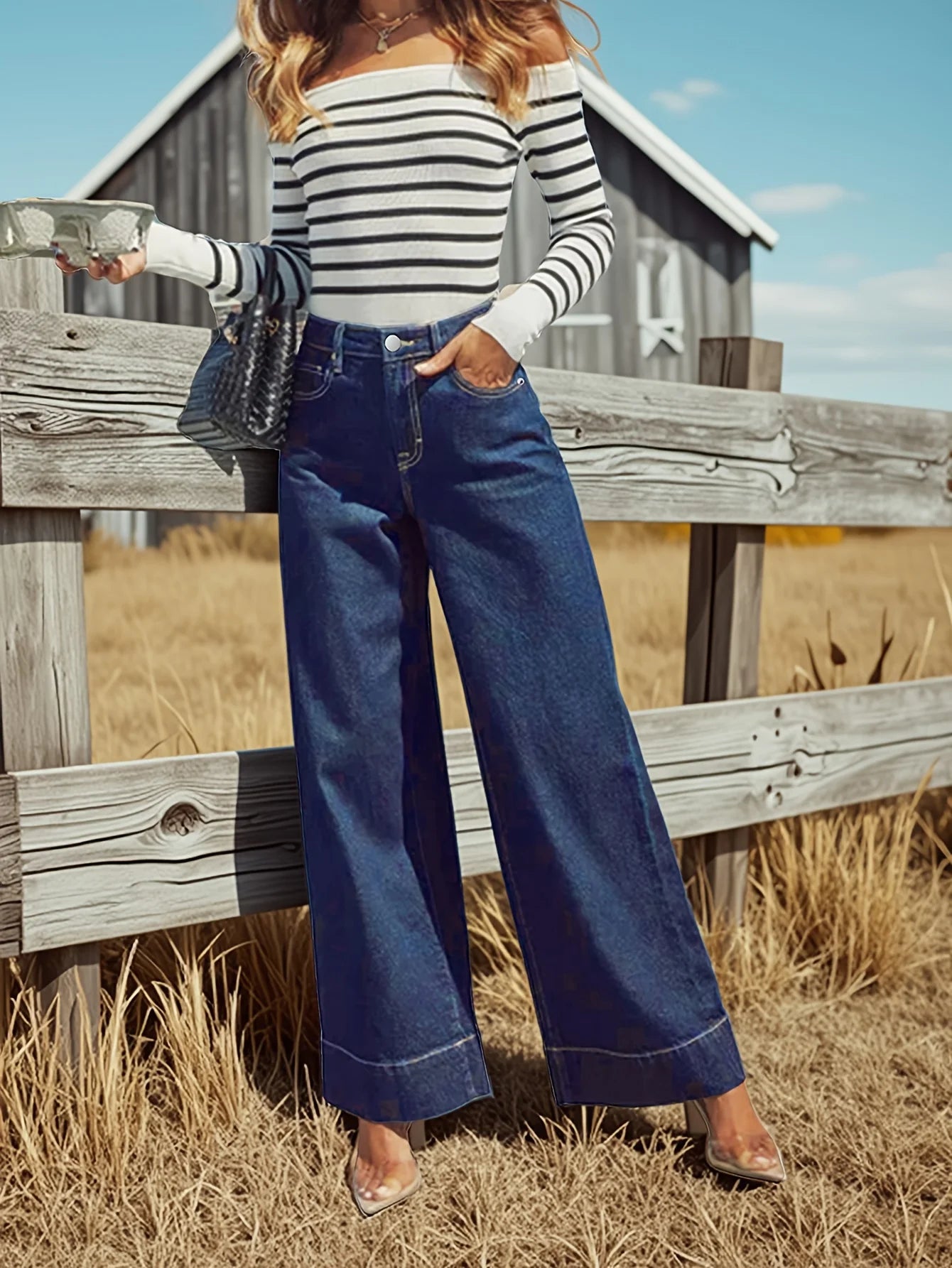 2025 New Women's High Rise Straight Jeans - Classic dark blue washed stretch jeans with button placket, elegant and intellectual