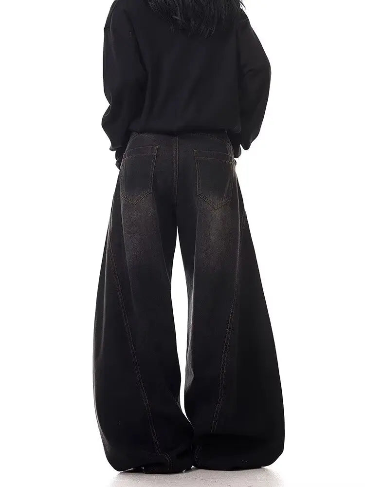 Washed blue textured high waisted retro casual jeans suitable for women in spring and autumn new Harajuku loose wide leg pants