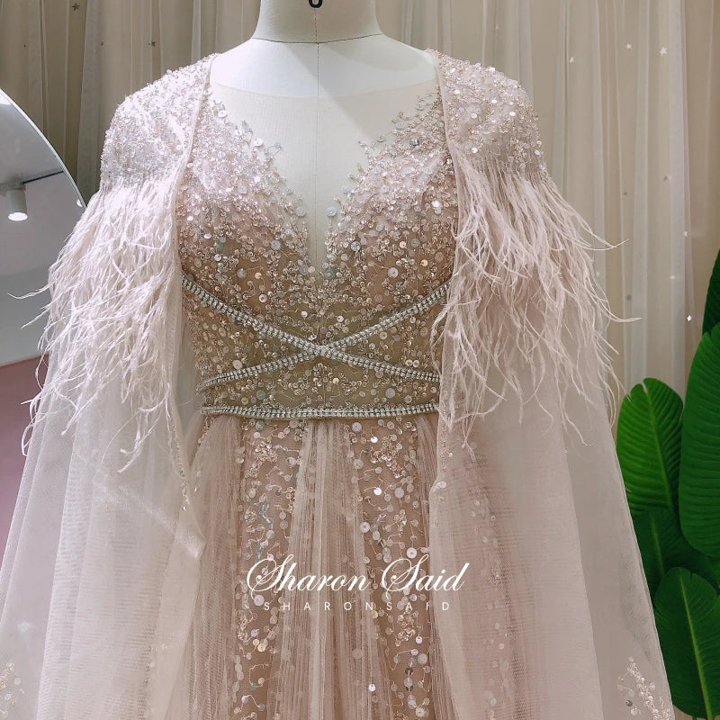 Sharon Said Dubai Luxury Silver Grey Evening Dresses with Feather Cape Shawl Arabic Women Wedding Party Formal Prom Dress SS147