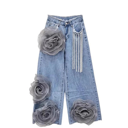 Women's High Waist Wide-Leg Casual Jeans Trousers Summer 2025 Loose Fit Joker Design Three-Dimensional Flower Wide-Leg Pants